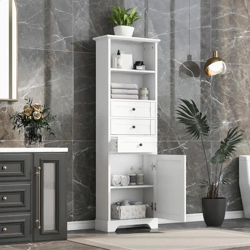Tall Storage Cabinet with 3 Drawers, Adjustable Shelves & Door - MDF Waterproof Bathroom Organizer with Anti-Tipping Device for Multi-Room Use