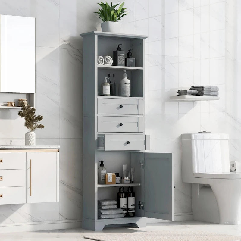 Tall Storage Cabinet with 3 Drawers, Adjustable Shelves & Door - MDF Waterproof Bathroom Organizer with Anti-Tipping Device for Multi-Room Use