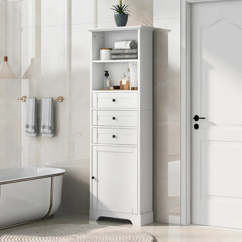 Tall Storage Cabinet with 3 Drawers, Adjustable Shelves & Door - MDF Waterproof Bathroom Organizer with Anti-Tipping Device for Multi-Room Use