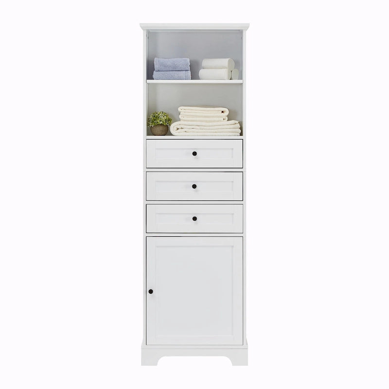 Tall Storage Cabinet with 3 Drawers, Adjustable Shelves & Door - MDF Waterproof Bathroom Organizer with Anti-Tipping Device for Multi-Room Use