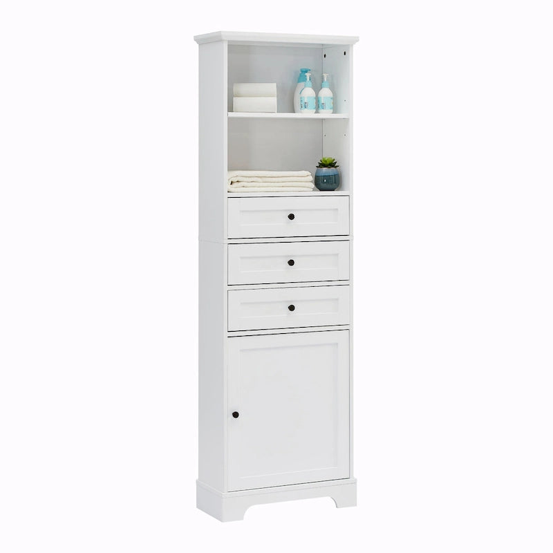 Tall Storage Cabinet with 3 Drawers, Adjustable Shelves & Door - MDF Waterproof Bathroom Organizer with Anti-Tipping Device for Multi-Room Use