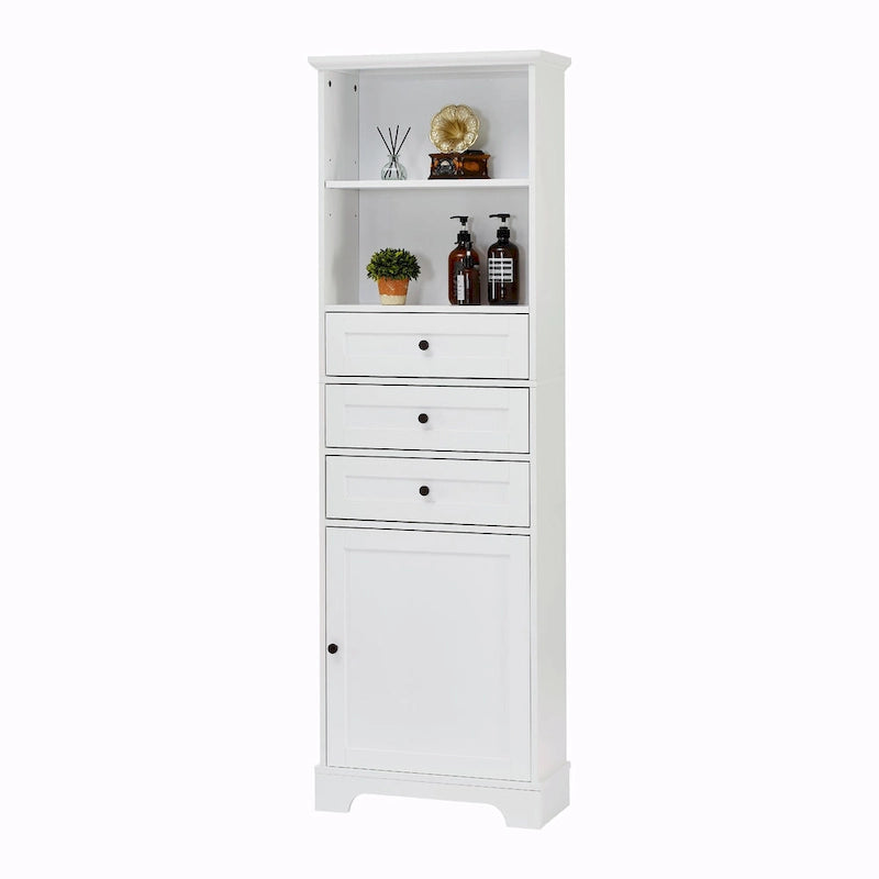 Tall Storage Cabinet with 3 Drawers, Adjustable Shelves & Door - MDF Waterproof Bathroom Organizer with Anti-Tipping Device for Multi-Room Use
