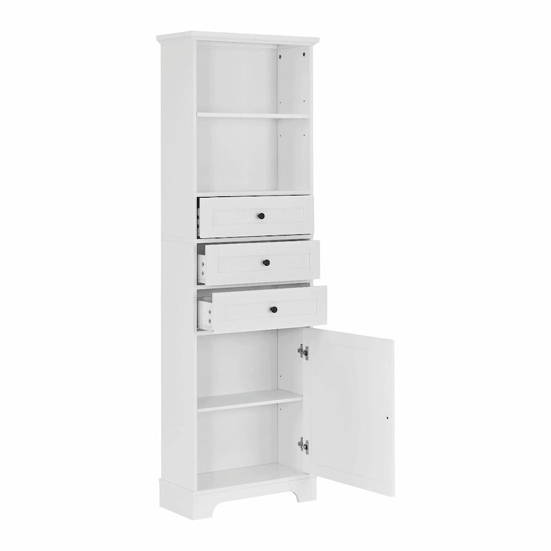Tall Storage Cabinet with 3 Drawers, Adjustable Shelves & Door - MDF Waterproof Bathroom Organizer with Anti-Tipping Device for Multi-Room Use