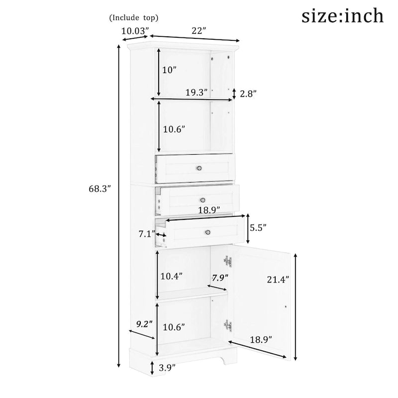 Tall Storage Cabinet with 3 Drawers, Adjustable Shelves & Door - MDF Waterproof Bathroom Organizer with Anti-Tipping Device for Multi-Room Use