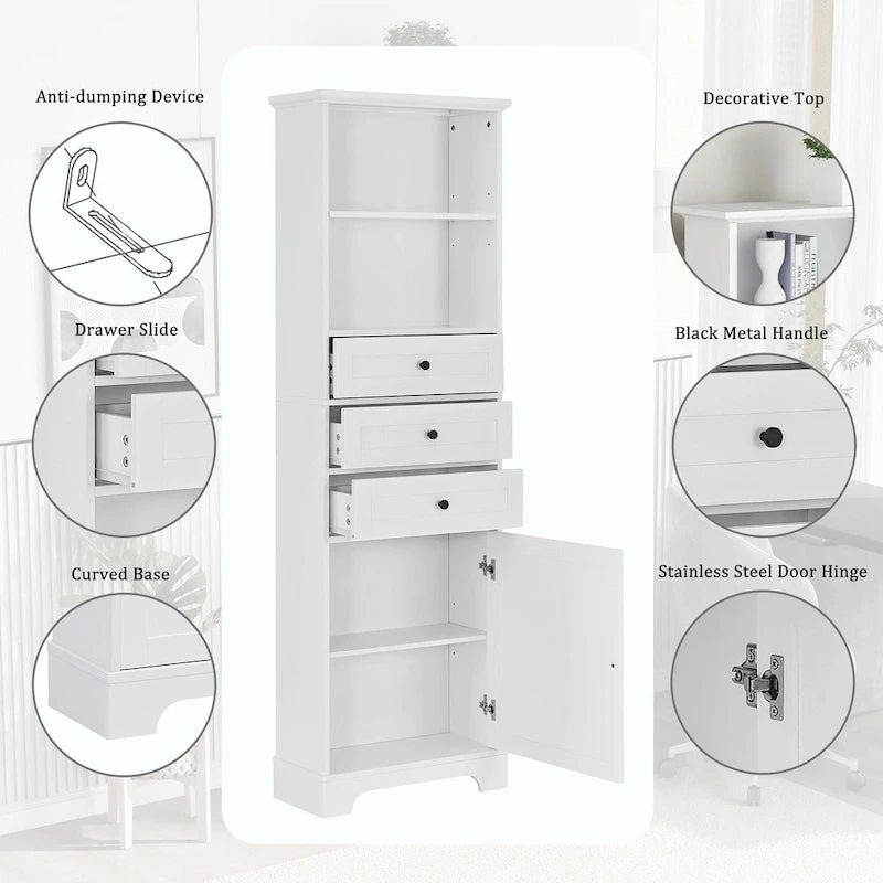 Tall Storage Cabinet with 3 Drawers, Adjustable Shelves & Door - MDF Waterproof Bathroom Organizer with Anti-Tipping Device for Multi-Room Use