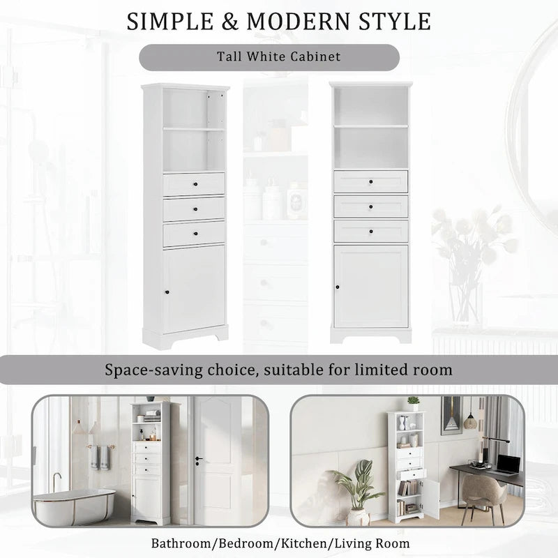 Tall Storage Cabinet with 3 Drawers, Adjustable Shelves & Door - MDF Waterproof Bathroom Organizer with Anti-Tipping Device for Multi-Room Use