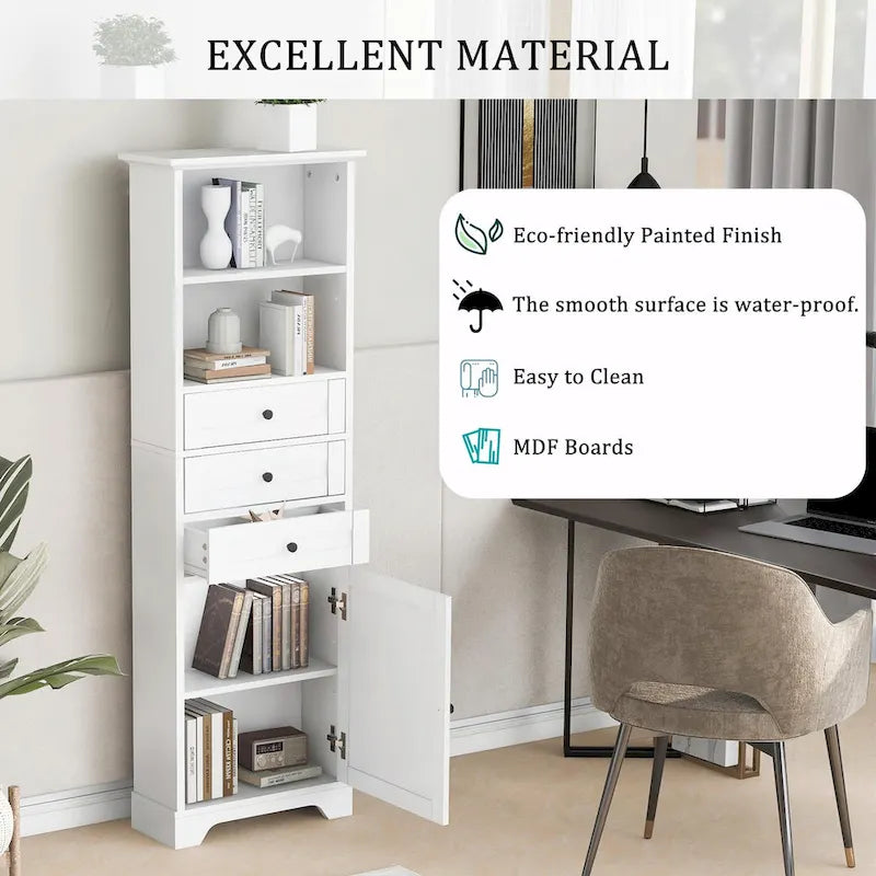Tall Storage Cabinet with 3 Drawers, Adjustable Shelves & Door - MDF Waterproof Bathroom Organizer with Anti-Tipping Device for Multi-Room Use