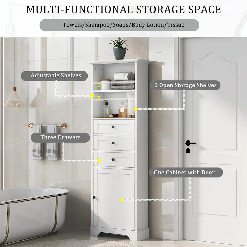 Tall Storage Cabinet with 3 Drawers, Adjustable Shelves & Door - MDF Waterproof Bathroom Organizer with Anti-Tipping Device for Multi-Room Use