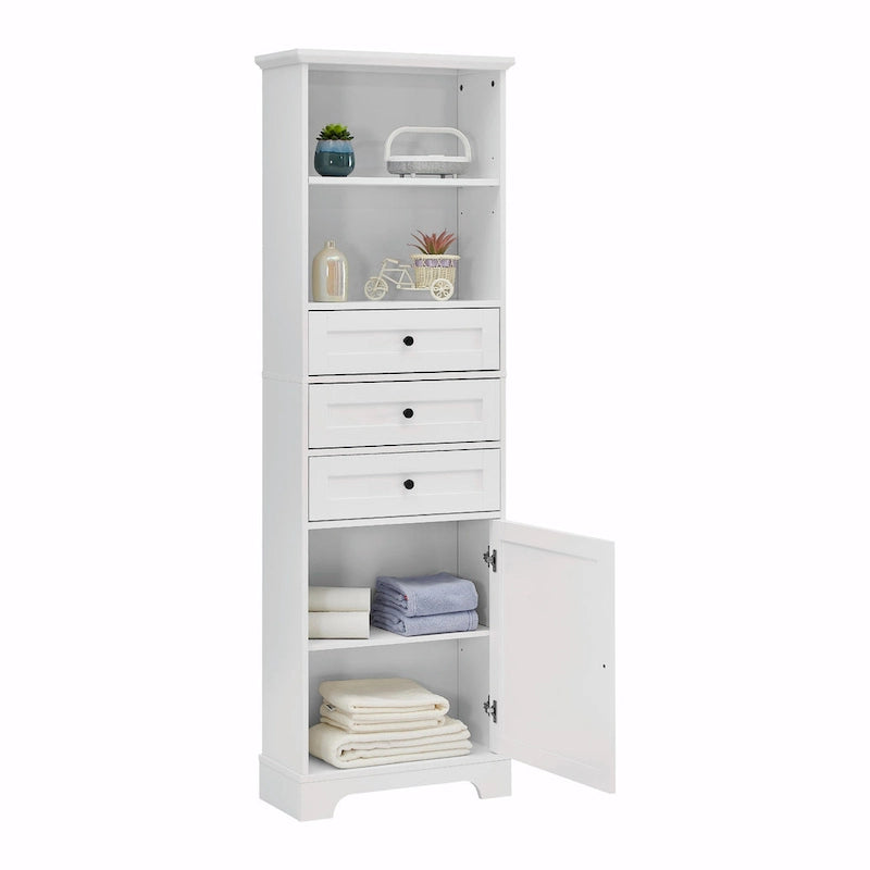 Tall Storage Cabinet with 3 Drawers, Adjustable Shelves & Door - MDF Waterproof Bathroom Organizer with Anti-Tipping Device for Multi-Room Use