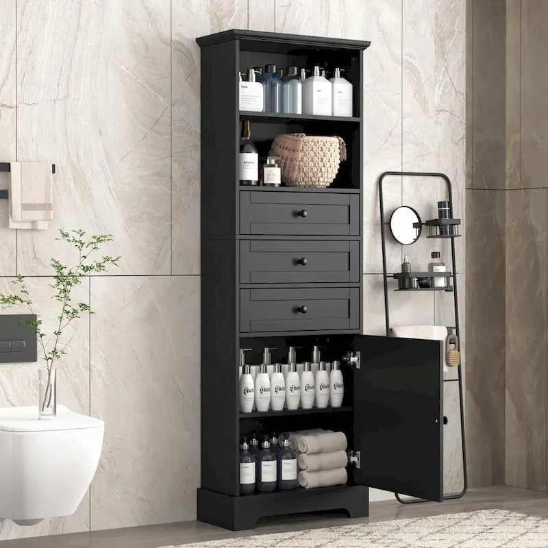 Tall Storage Cabinet with 3 Drawers, Adjustable Shelves & Door - MDF Waterproof Bathroom Organizer with Anti-Tipping Device for Multi-Room Use
