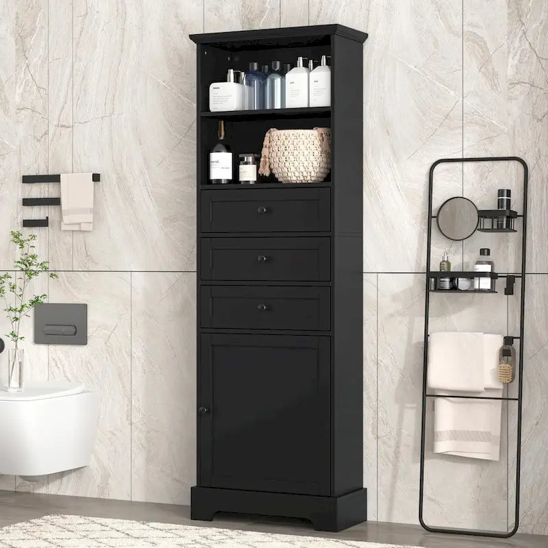 Tall Storage Cabinet with 3 Drawers, Adjustable Shelves & Door - MDF Waterproof Bathroom Organizer with Anti-Tipping Device for Multi-Room Use