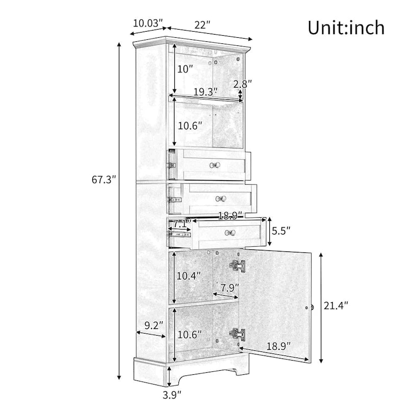 Tall Storage Cabinet with 3 Drawers, Adjustable Shelves & Door - MDF Waterproof Bathroom Organizer with Anti-Tipping Device for Multi-Room Use