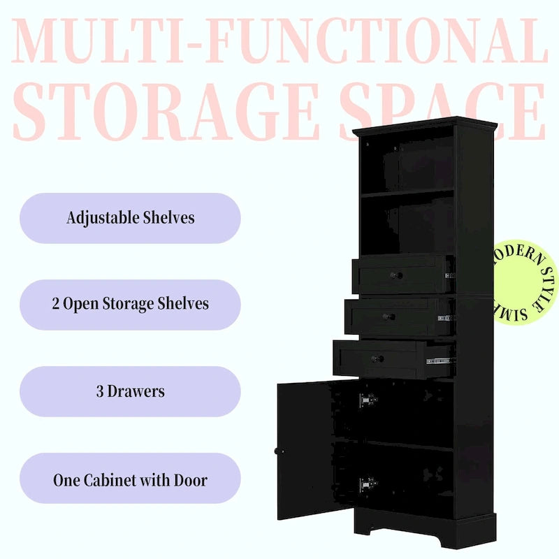 Tall Storage Cabinet with 3 Drawers, Adjustable Shelves & Door - MDF Waterproof Bathroom Organizer with Anti-Tipping Device for Multi-Room Use