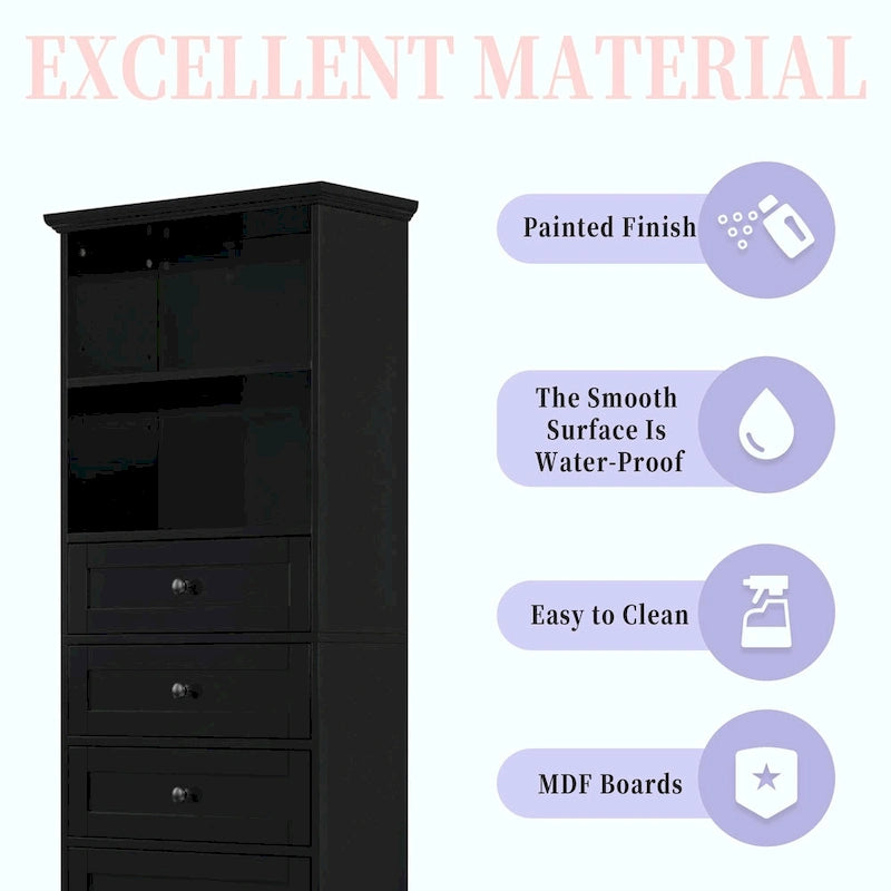 Tall Storage Cabinet with 3 Drawers, Adjustable Shelves & Door - MDF Waterproof Bathroom Organizer with Anti-Tipping Device for Multi-Room Use
