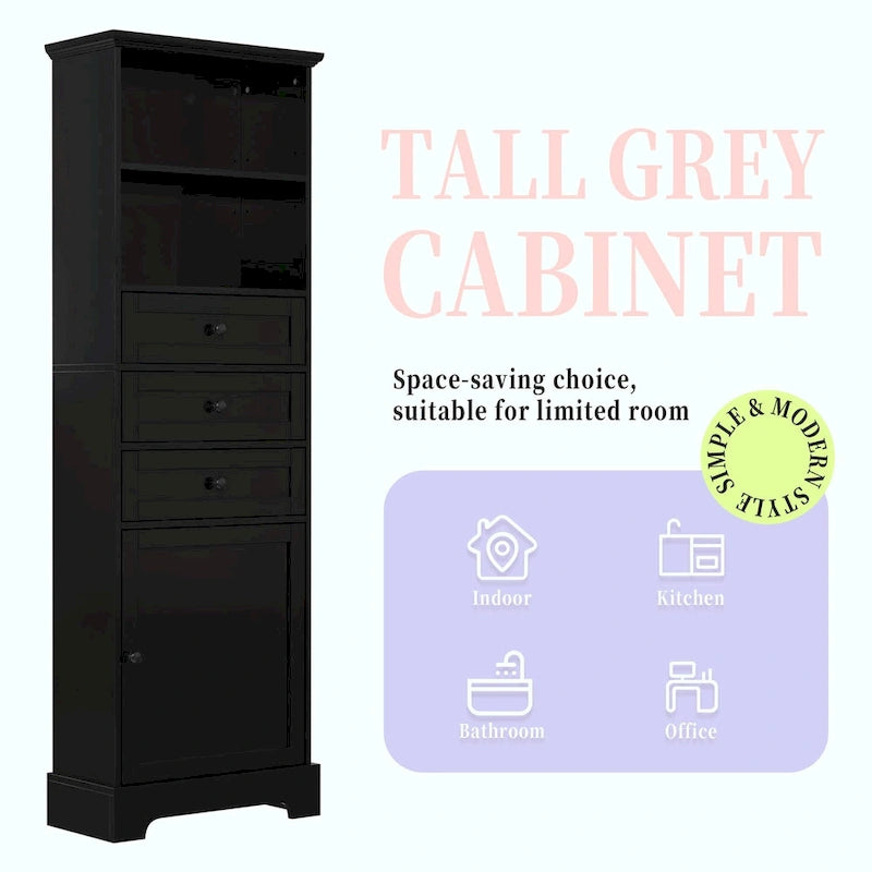 Tall Storage Cabinet with 3 Drawers, Adjustable Shelves & Door - MDF Waterproof Bathroom Organizer with Anti-Tipping Device for Multi-Room Use