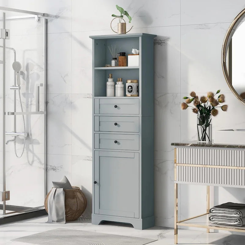 Tall Storage Cabinet with 3 Drawers, Adjustable Shelves & Door - MDF Waterproof Bathroom Organizer with Anti-Tipping Device for Multi-Room Use