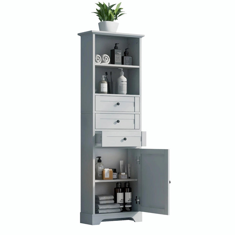 Tall Storage Cabinet with 3 Drawers, Adjustable Shelves & Door - MDF Waterproof Bathroom Organizer with Anti-Tipping Device for Multi-Room Use