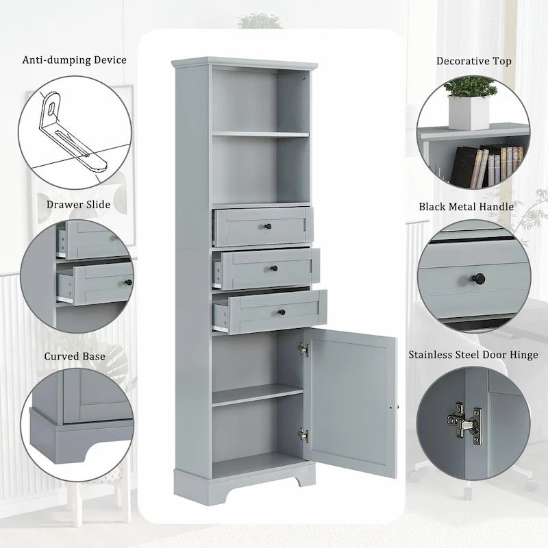 Tall Storage Cabinet with 3 Drawers, Adjustable Shelves & Door - MDF Waterproof Bathroom Organizer with Anti-Tipping Device for Multi-Room Use