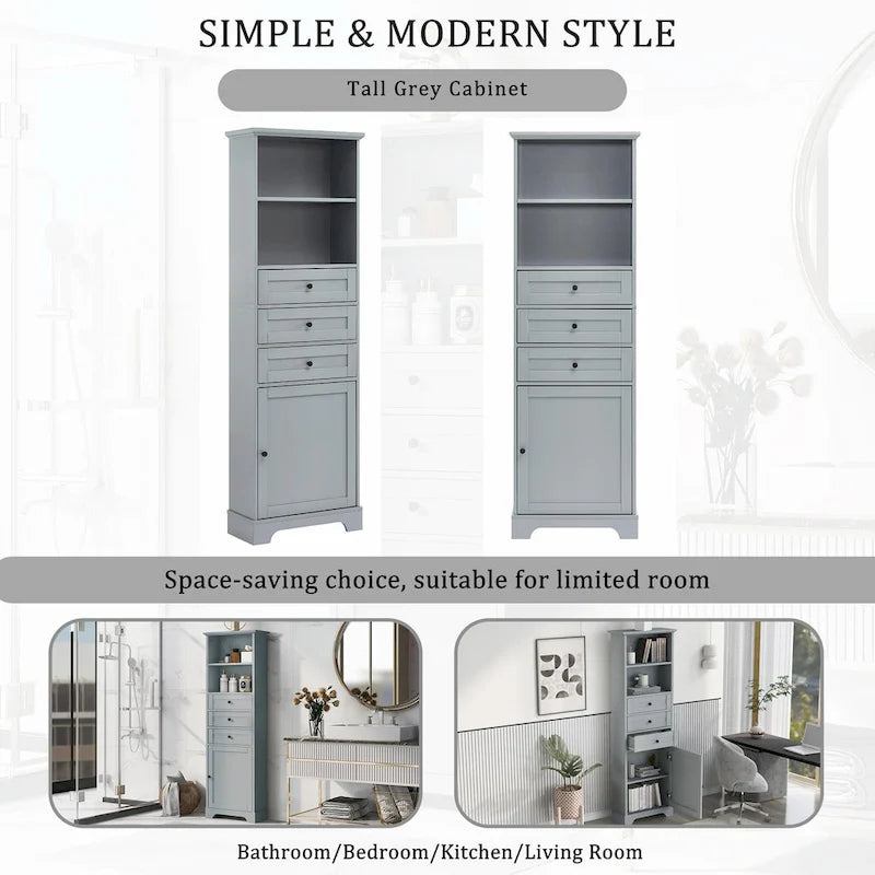 Tall Storage Cabinet with 3 Drawers, Adjustable Shelves & Door - MDF Waterproof Bathroom Organizer with Anti-Tipping Device for Multi-Room Use