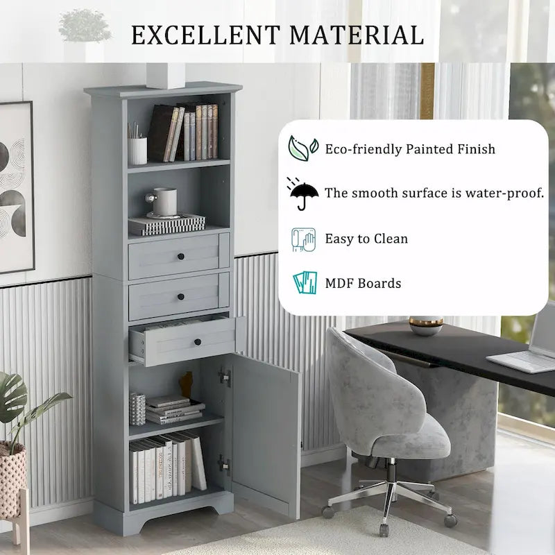 Tall Storage Cabinet with 3 Drawers, Adjustable Shelves & Door - MDF Waterproof Bathroom Organizer with Anti-Tipping Device for Multi-Room Use