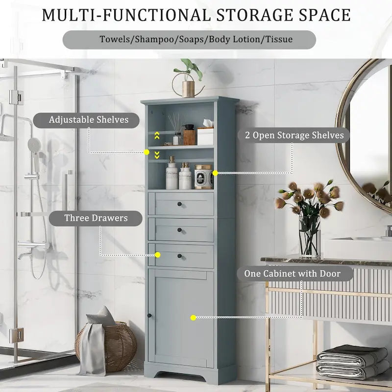 Tall Storage Cabinet with 3 Drawers, Adjustable Shelves & Door - MDF Waterproof Bathroom Organizer with Anti-Tipping Device for Multi-Room Use