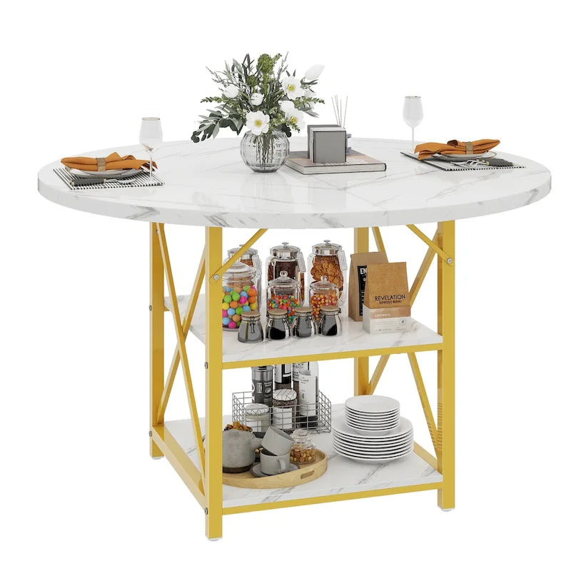 47" Round Dining Table for 4-6 People with Storage Shelves - Waterproof Wooden Top, X-Shaped Metal Legs, 330 lbs Capacity - Rustic Brown & Black