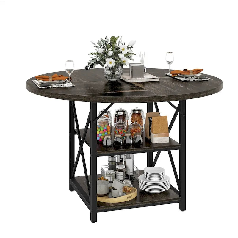 47" Round Dining Table for 4-6 People with Storage Shelves - Waterproof Wooden Top, X-Shaped Metal Legs, 330 lbs Capacity - Rustic Brown & Black