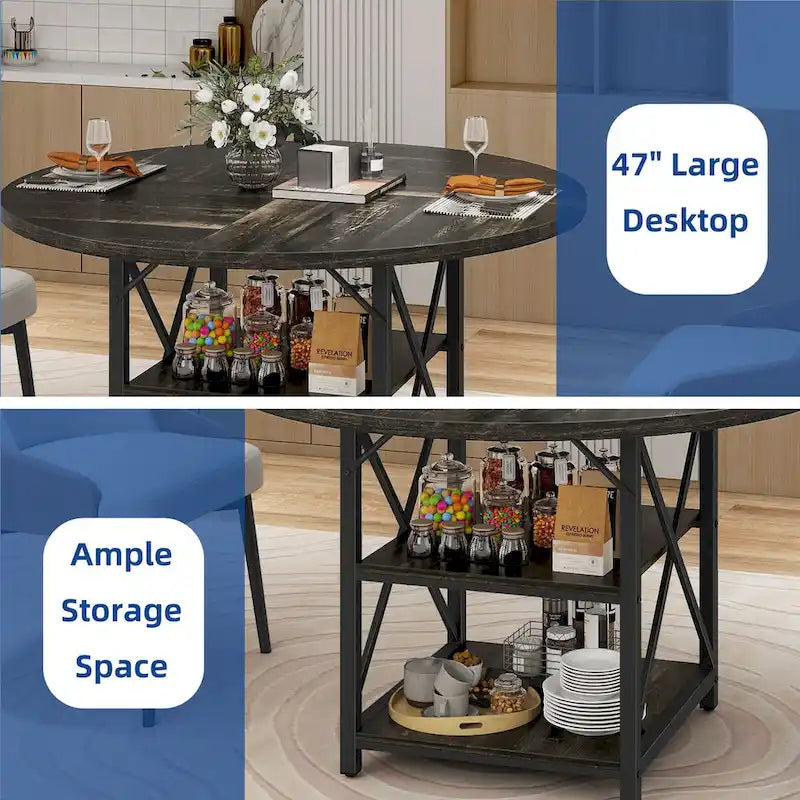 47" Round Dining Table for 4-6 People with Storage Shelves - Waterproof Wooden Top, X-Shaped Metal Legs, 330 lbs Capacity - Rustic Brown & Black