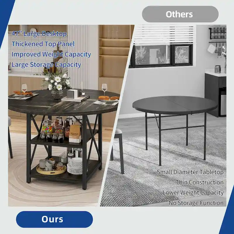 47" Round Dining Table for 4-6 People with Storage Shelves - Waterproof Wooden Top, X-Shaped Metal Legs, 330 lbs Capacity - Rustic Brown & Black