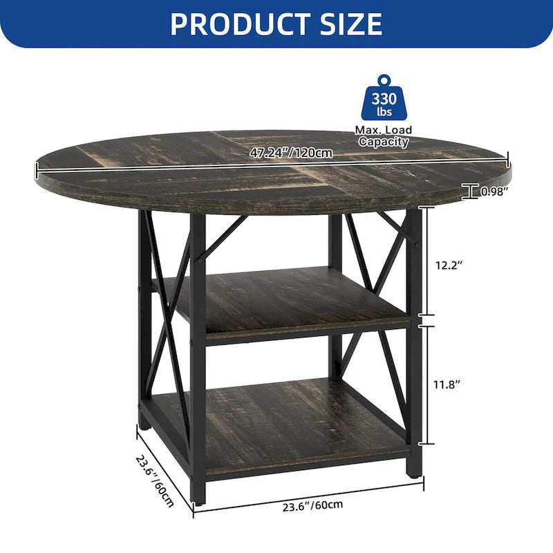 47" Round Dining Table for 4-6 People with Storage Shelves - Waterproof Wooden Top, X-Shaped Metal Legs, 330 lbs Capacity - Rustic Brown & Black