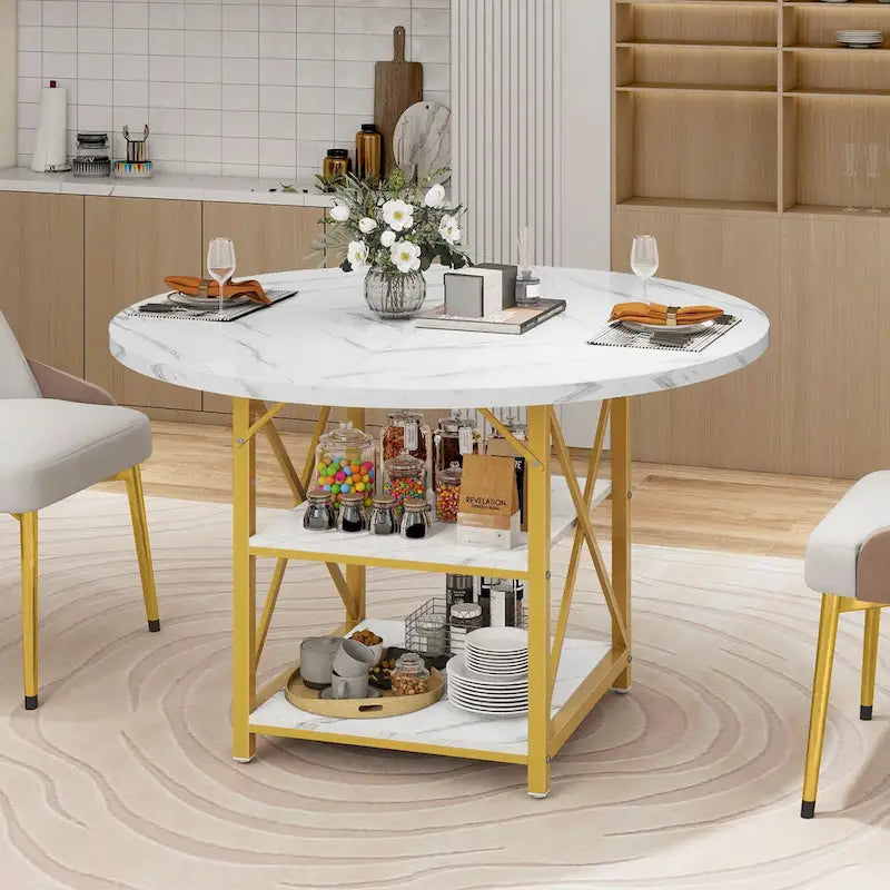 47" Round Dining Table for 4-6 People with Storage Shelves - Waterproof Wooden Top, X-Shaped Metal Legs, 330 lbs Capacity - Rustic Brown & Black