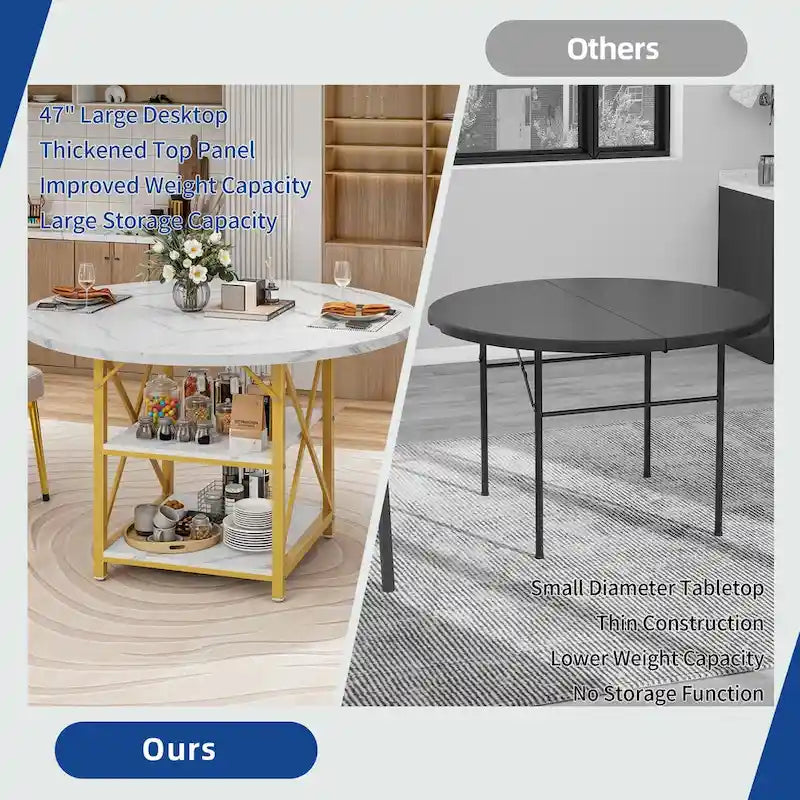 47" Round Dining Table for 4-6 People with Storage Shelves - Waterproof Wooden Top, X-Shaped Metal Legs, 330 lbs Capacity - Rustic Brown & Black
