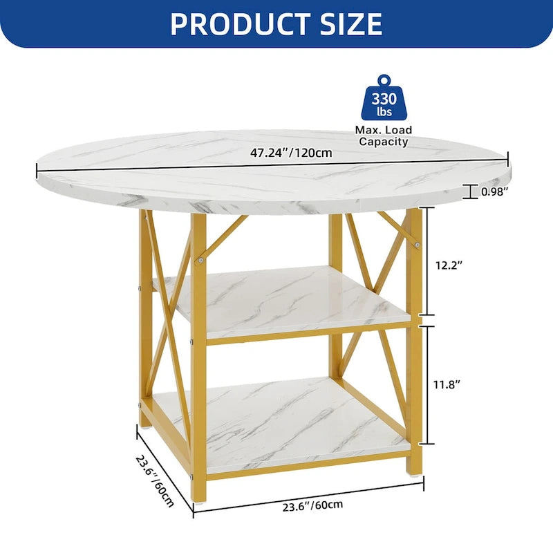47" Round Dining Table for 4-6 People with Storage Shelves - Waterproof Wooden Top, X-Shaped Metal Legs, 330 lbs Capacity - Rustic Brown & Black