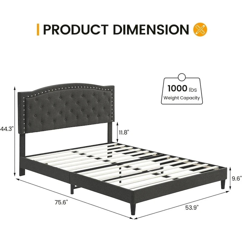 Full Size Upholstered Platform Bed - Adjustable Tufted Headboard 42-46", Grey Linen, Nailhead Trim, 1000lb Capacity