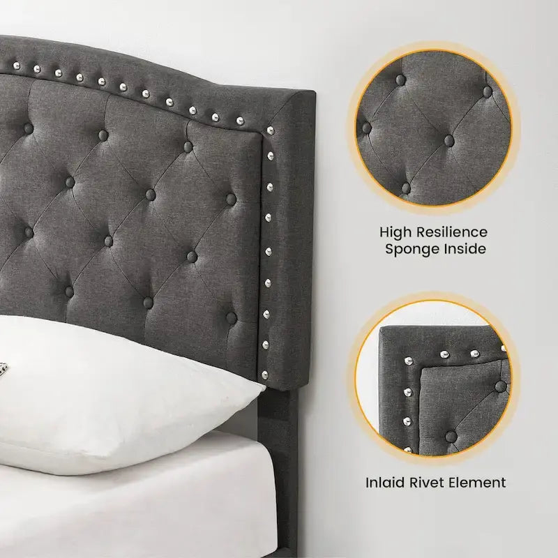 Full Size Upholstered Platform Bed - Adjustable Tufted Headboard 42-46", Grey Linen, Nailhead Trim, 1000lb Capacity