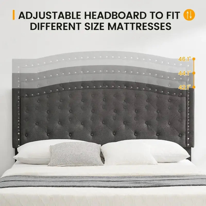 Full Size Upholstered Platform Bed - Adjustable Tufted Headboard 42-46", Grey Linen, Nailhead Trim, 1000lb Capacity