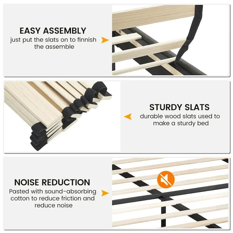 Full Size Upholstered Platform Bed - Adjustable Tufted Headboard 42-46", Grey Linen, Nailhead Trim, 1000lb Capacity