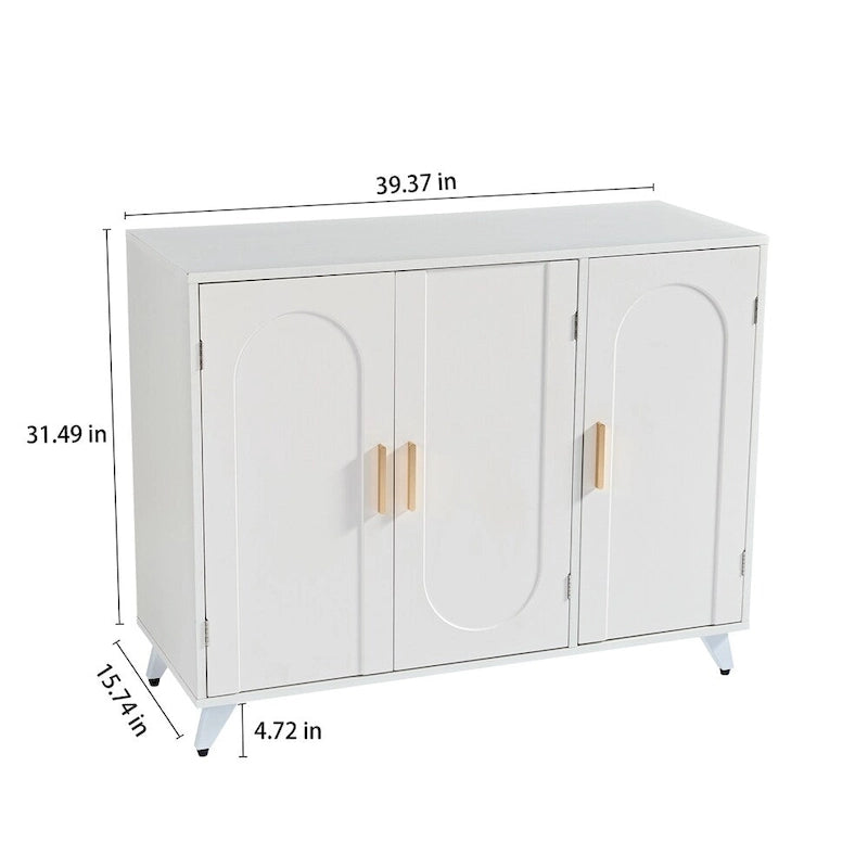 White Sideboard Buffet Cabinet - 3 Doors with Soft-Close Hinges, Water Ripple Design, Gold Accents, Removable Shelves