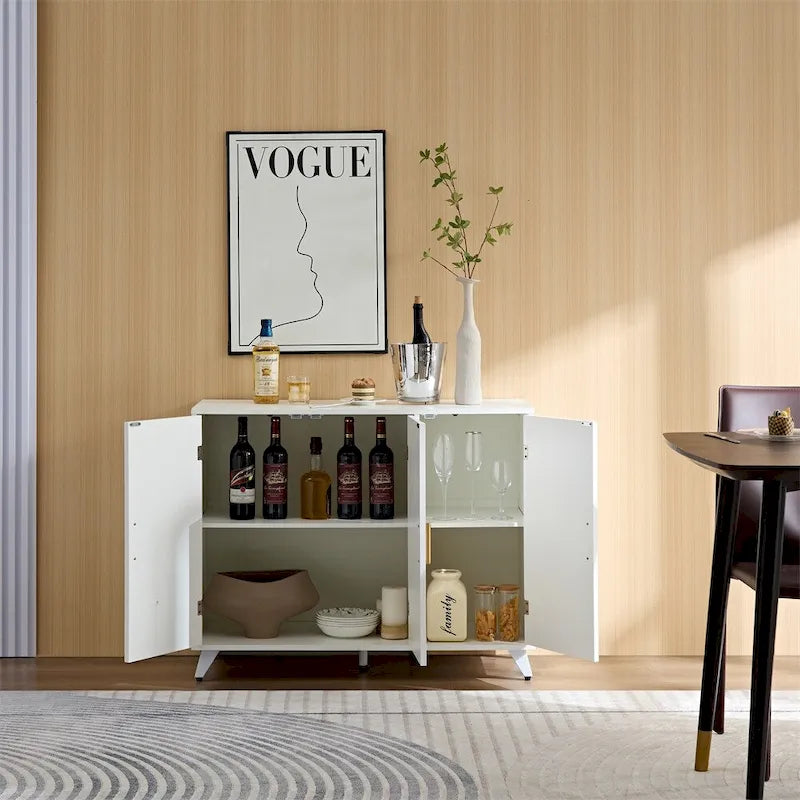 White Sideboard Buffet Cabinet - 3 Doors with Soft-Close Hinges, Water Ripple Design, Gold Accents, Removable Shelves