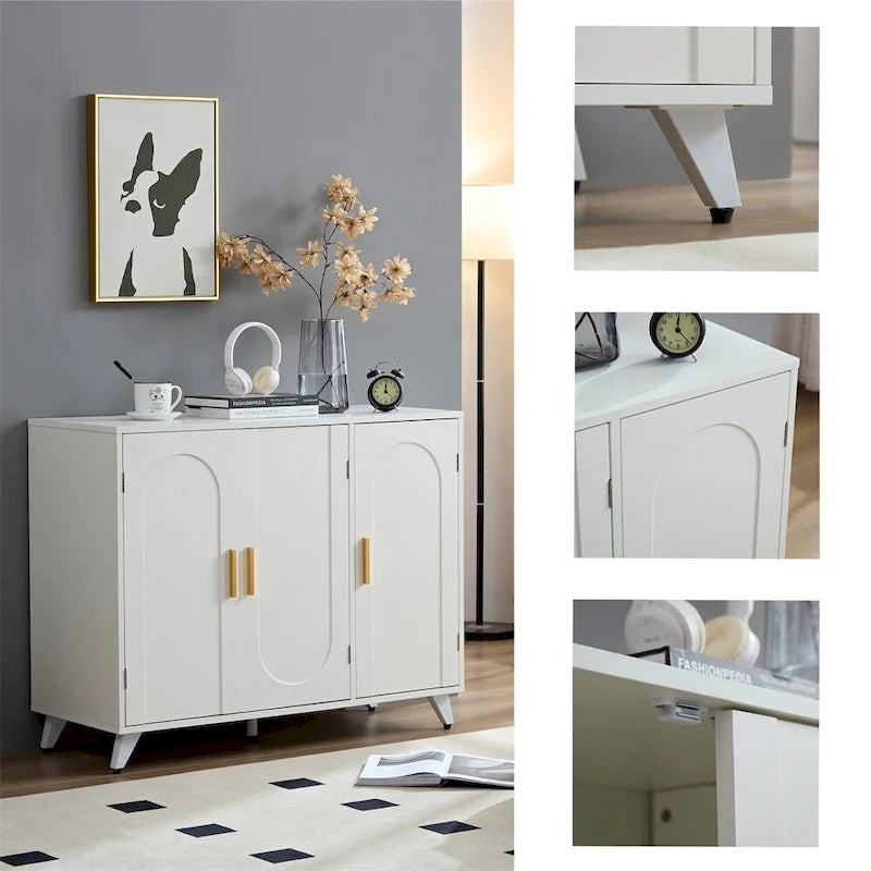 White Sideboard Buffet Cabinet - 3 Doors with Soft-Close Hinges, Water Ripple Design, Gold Accents, Removable Shelves
