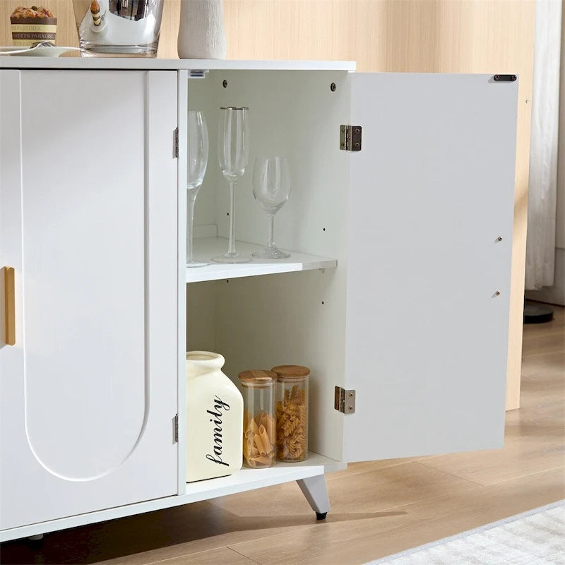White Sideboard Buffet Cabinet - 3 Doors with Soft-Close Hinges, Water Ripple Design, Gold Accents, Removable Shelves
