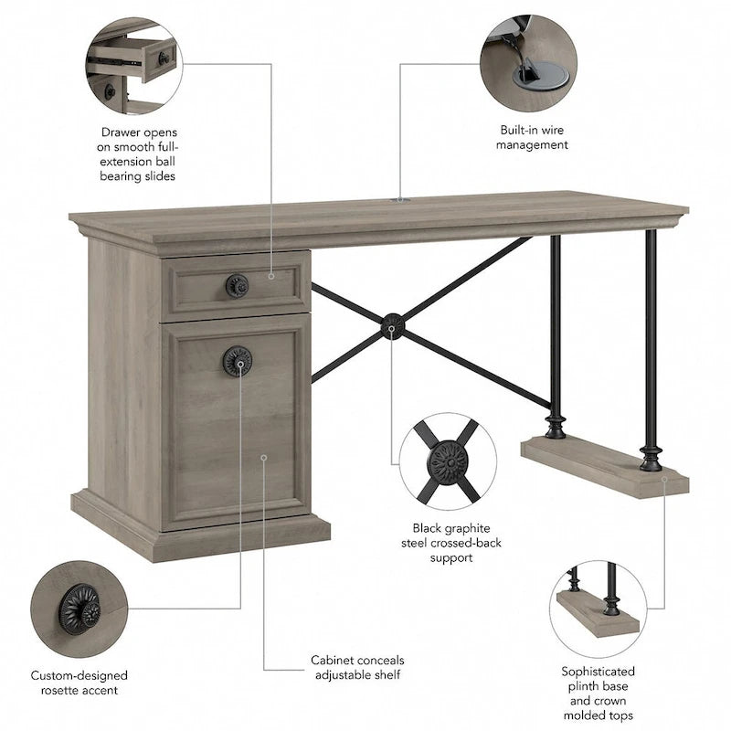 60W Industrial Designer Desk with Storage, Full-Extension Drawer, Adjustable Shelf, 200 lbs Capacity