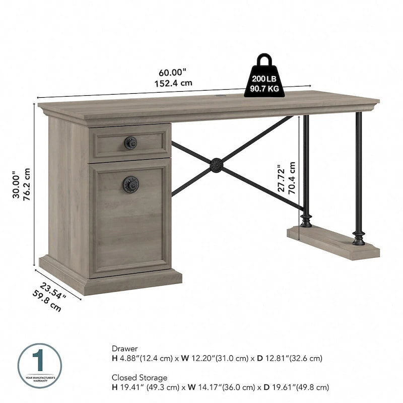 60W Industrial Designer Desk with Storage, Full-Extension Drawer, Adjustable Shelf, 200 lbs Capacity
